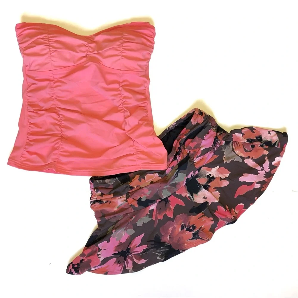Lands End Swim Coral Pink Tankini and Brown Floral Swim Skirt 4P 4 Petite